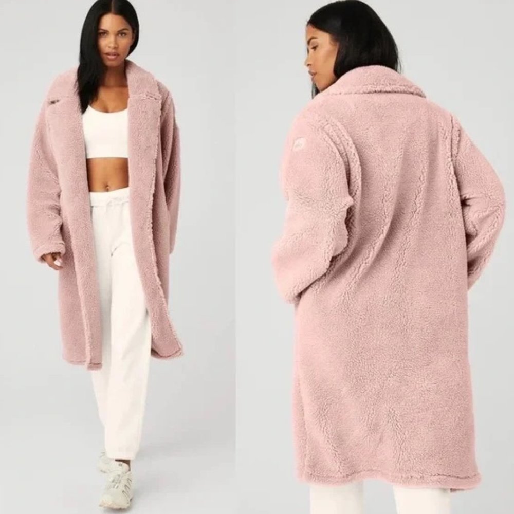 Alo Yoga Oversized Plush Sherpa Trench Coat Jacket Dusty Rose Pink Size XS